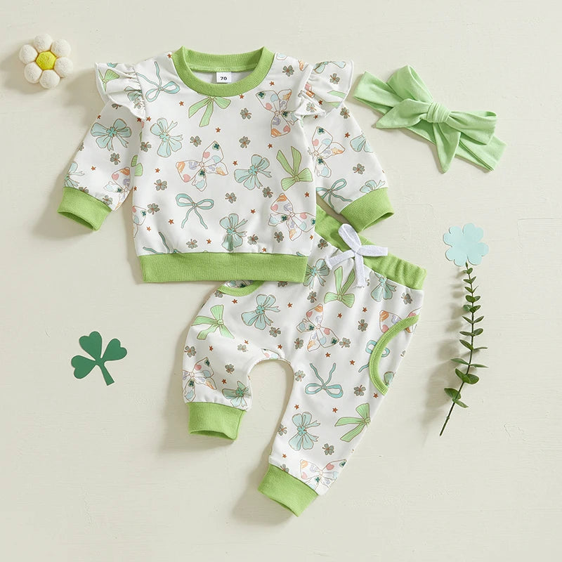 Baby Toddler Girls 3Pcs St. Patrick's Day Outfit Bow Four Leaf Clover Shamrock Print Crew Neck Long Sleeve Top Long Pants Headband Jogger Set