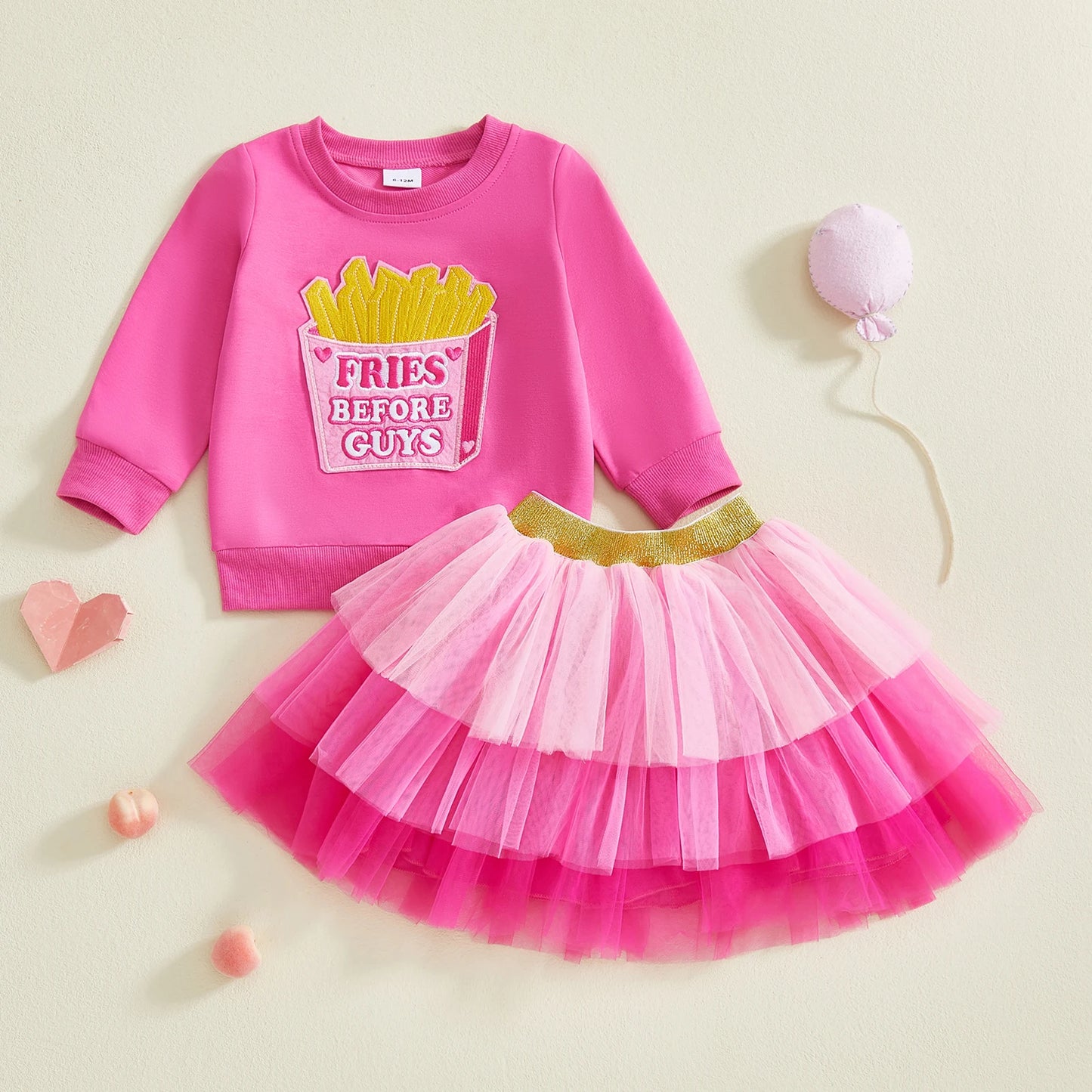 Baby Toddler Girls 2Pcs Fall Outfit French Fries Before Guys Letter Embroidered Long Sleeve Top and Layered Tulle Tutu Skirt Set
