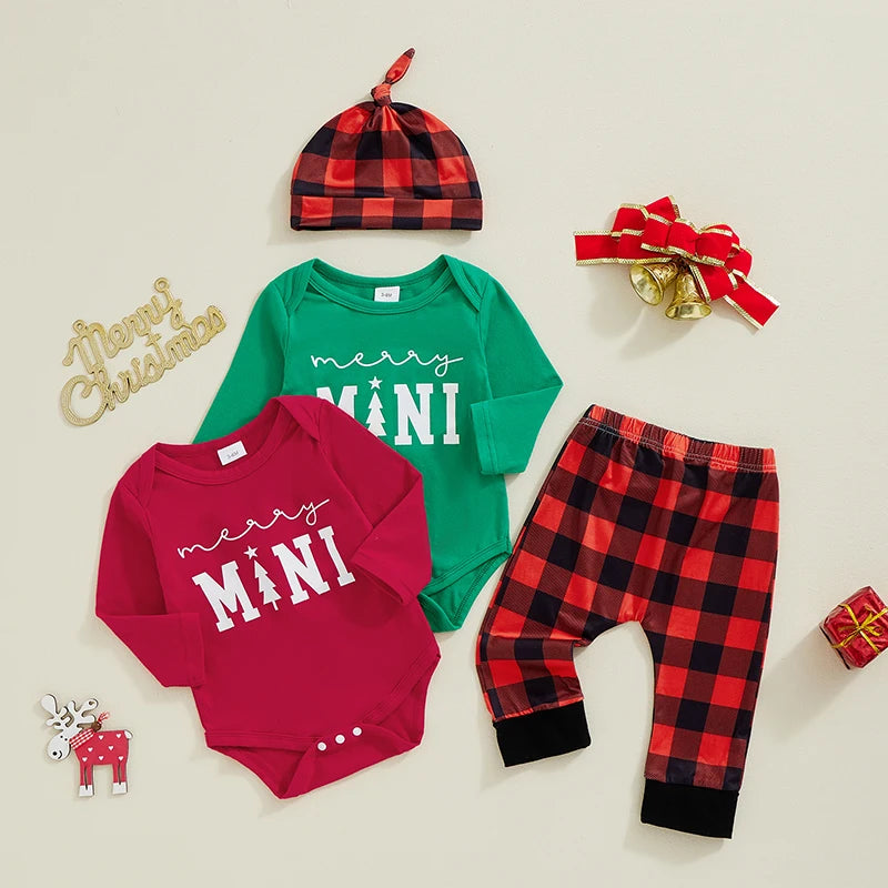 Baby Boys Girls 3Pcs Merry Mini Christmas Set Letter Print Long Sleeve Romper Plaid Print Long Pants Hat Outfit