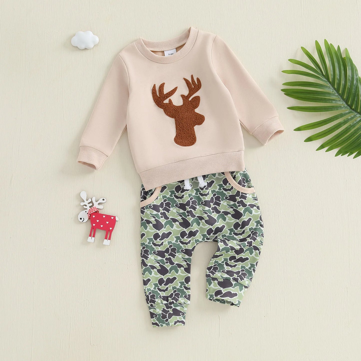 Baby Toddler Boys 2Pcs Fall Outfit Deer Print Long Sleeve Crewneck Top and Elastic Camouflage Pants Clothes Jogger Set