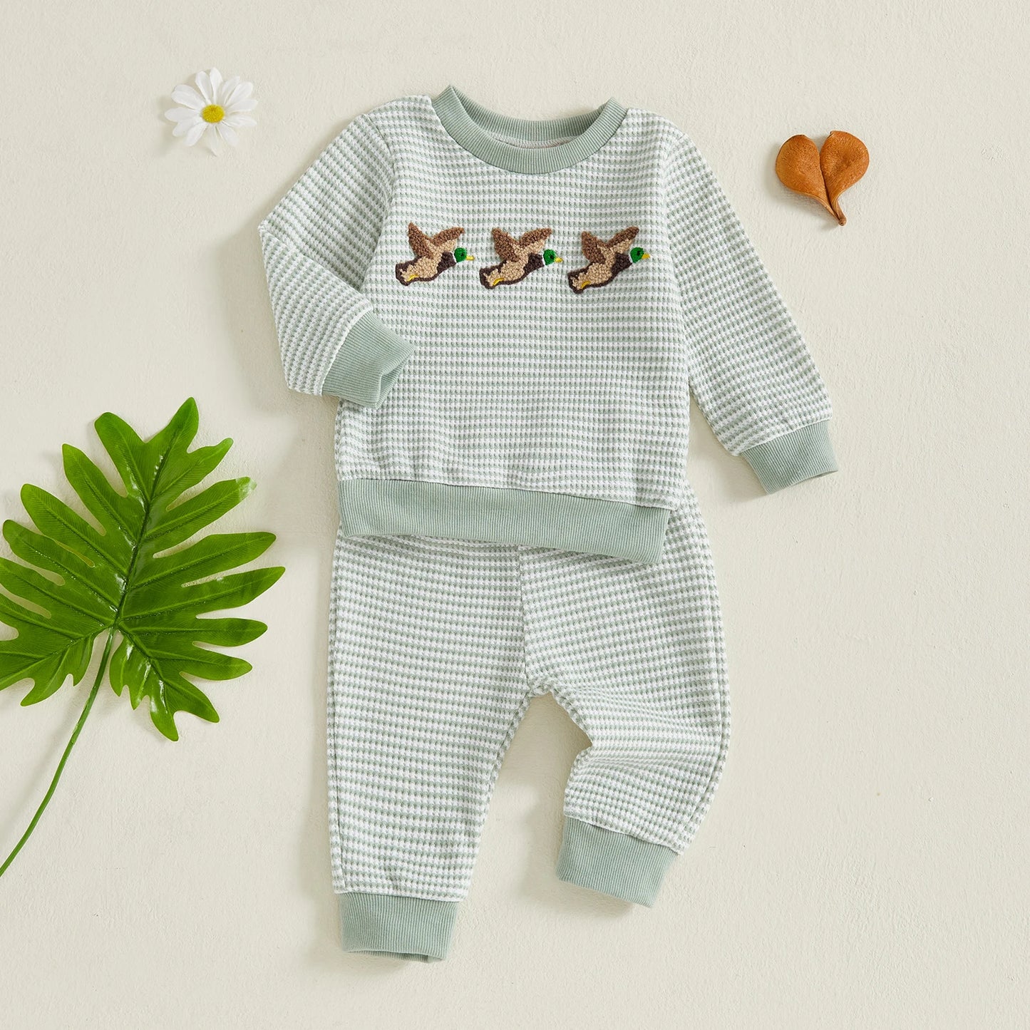Baby Toddler Boys 2Pcs Fall Sets Long Sleeve Round Neck Duck Embroidery Top Striped Pants Jogger Set