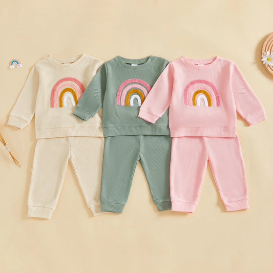 Baby Toddler Girls 2Pcs Fall Set Fashionable Rainbow Embroidery Long Sleeve Pullover Top with Jogger Pants Outfit