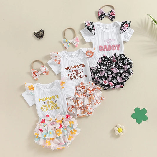 Baby Girl 3Pcs I Love My Daddy / Mommy's Little Girl Summer Set, Letter Embroidery Ribbed Short Sleeve Romper Layered Ruffle Shorts Bow Headband Outfit