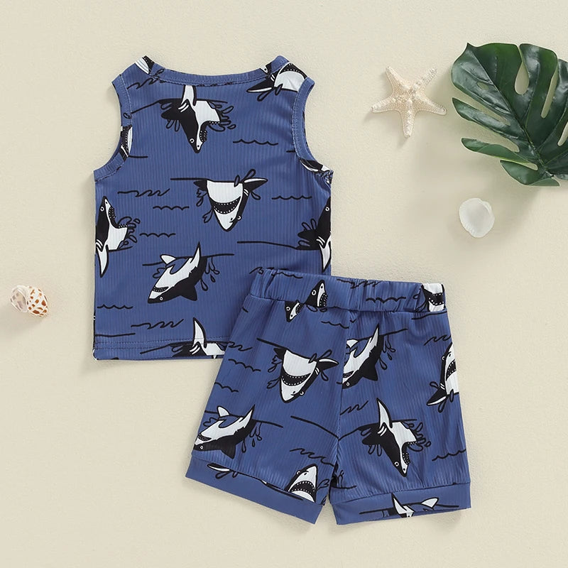 Baby Toddler Boys 2Pcs Summer Outfit Cartoon Shark Print Round Neck Tank Top with Elastic Waist Shorts Set