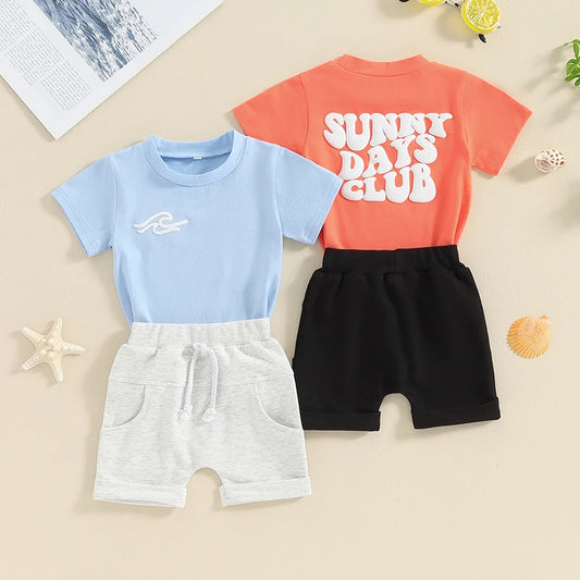 Toddler Baby Boy Girl 2Pcs Outfits Sunny Days Club Wave Short Sleeve T-Shirt Top Pants Shorts Set Summer