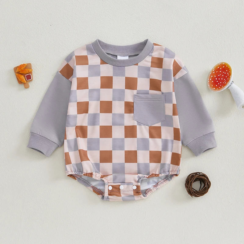 Baby Girl Boy Checkered Bubble Romper Casual Plaid Print Long Sleeve Jumpsuit