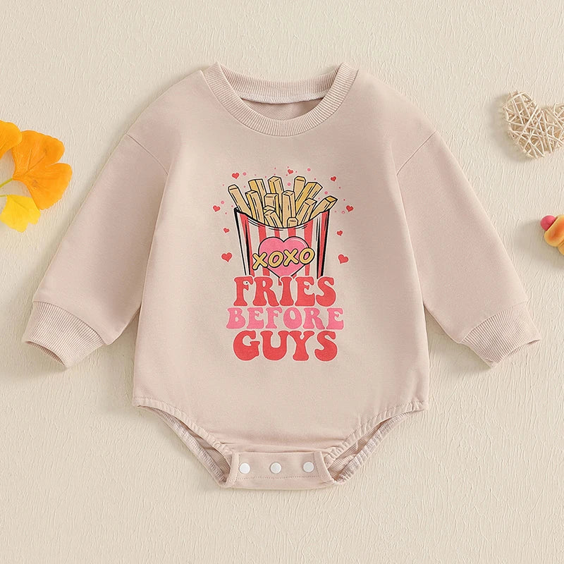 Baby Girls Fries Before Guys Valentine’s Day Romper Long Sleeve Round Neck French Fries Print Jumpsuit Valentines