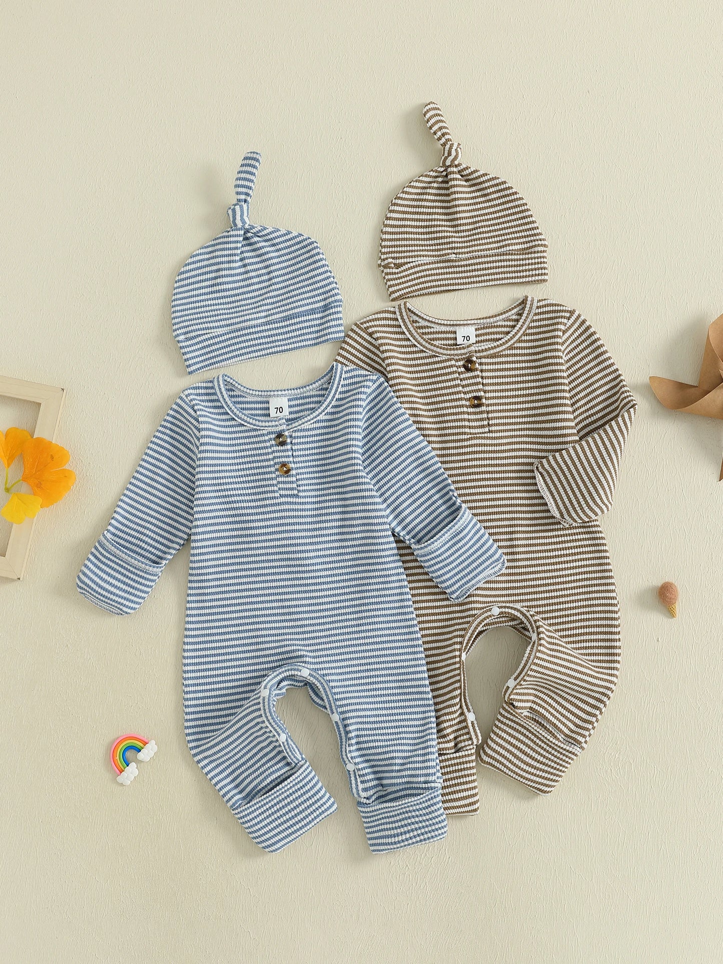Baby Boys 2Pcs Fall Clothes Romper Stripe Print Long Sleeve Round Neck Full Length Jumpsuit with Hat Set