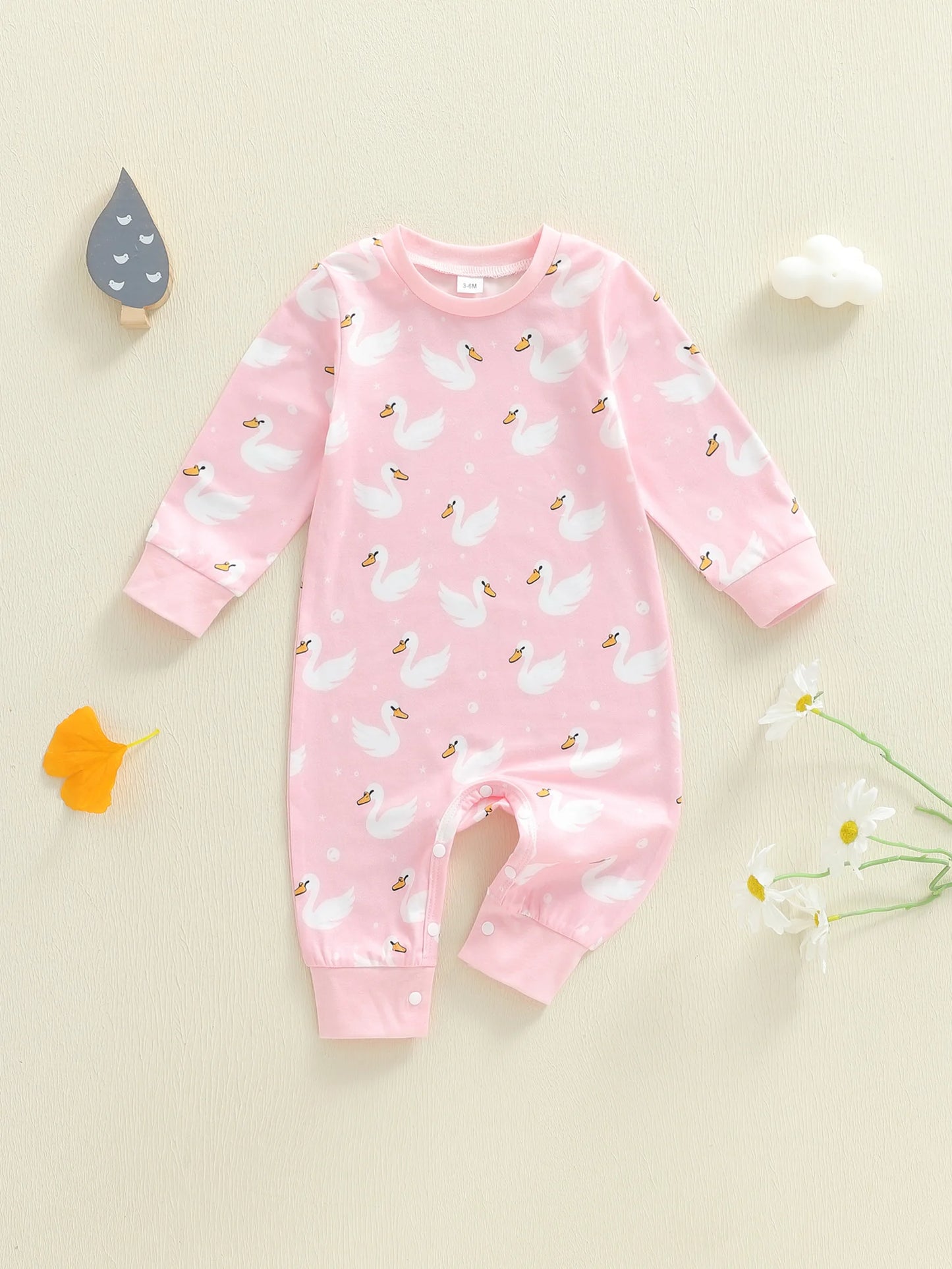 Baby Boys Girls Romper Comfortable Geese Print Crew Neck Long Sleeve Full Length Jumpsuit