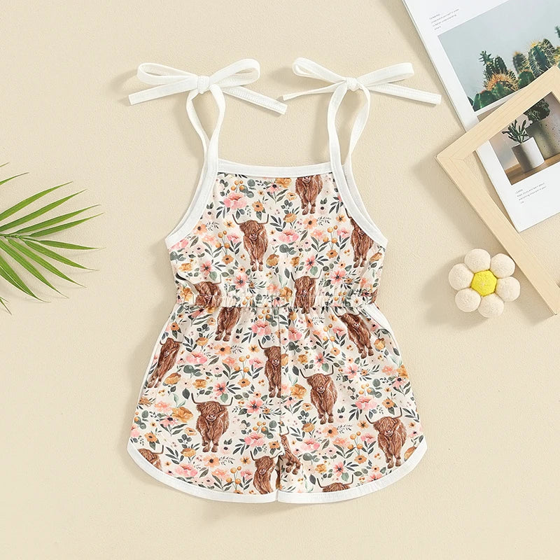 Baby Toddler Girl Western Shorts Romper Floral Flowers Cattle Highland Cow Print Sleeveless Sling Tie-Up Tank Top Overalls Jumpsuit