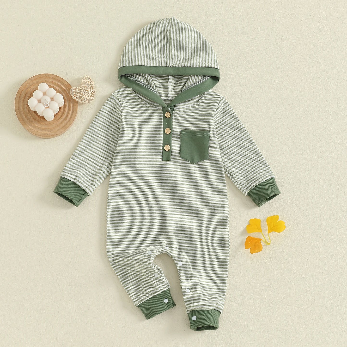 Baby Boy Striped Fall Romper Half Button-up Long Sleeve Hooded Jumpsuit Cute Waffle Clothes