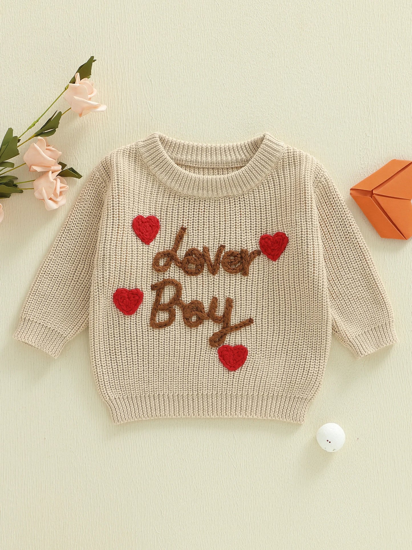 Baby Toddler Boys Valentines Sweater Fashionable Letters Lover Boy Heart Embroidery Crew Neck Long Sleeve Knit Top