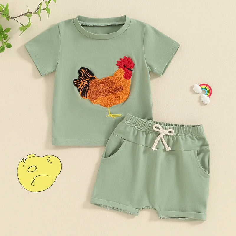 Baby Toddler Kids Boys 2Pcs Outfit Chicken Rooster Short Sleeve Top and Elastic Shorts  Set