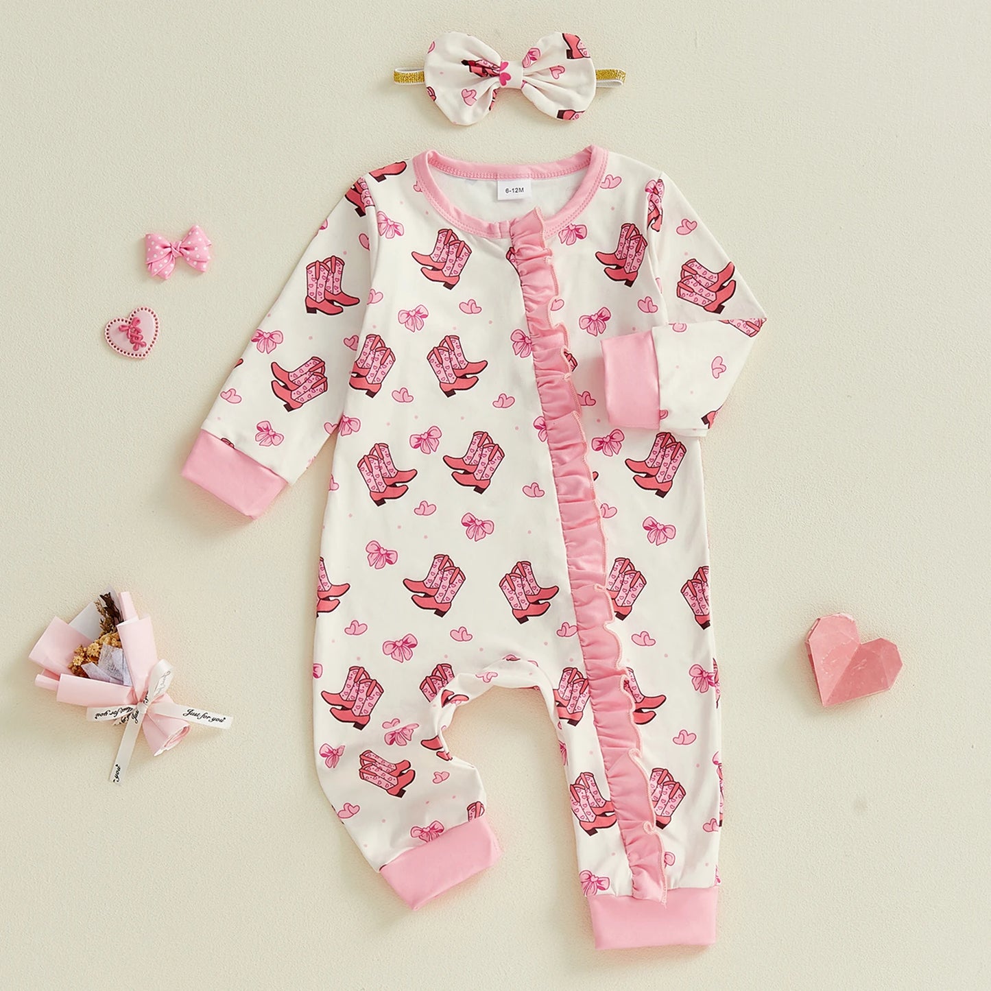 Baby Girls 2Pcs Western Bow Boot Print Long Sleeve Round Neck Zipper Romper Jumpsuit with Bow Headband Set
