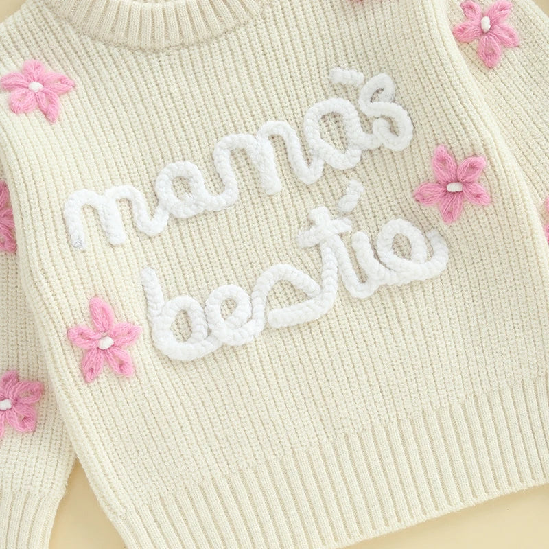 Baby Toddler Girl Mama's Bestie Knit Sweater Long Sleeve Flower Letters Embroidery Sweater Knitwear Top