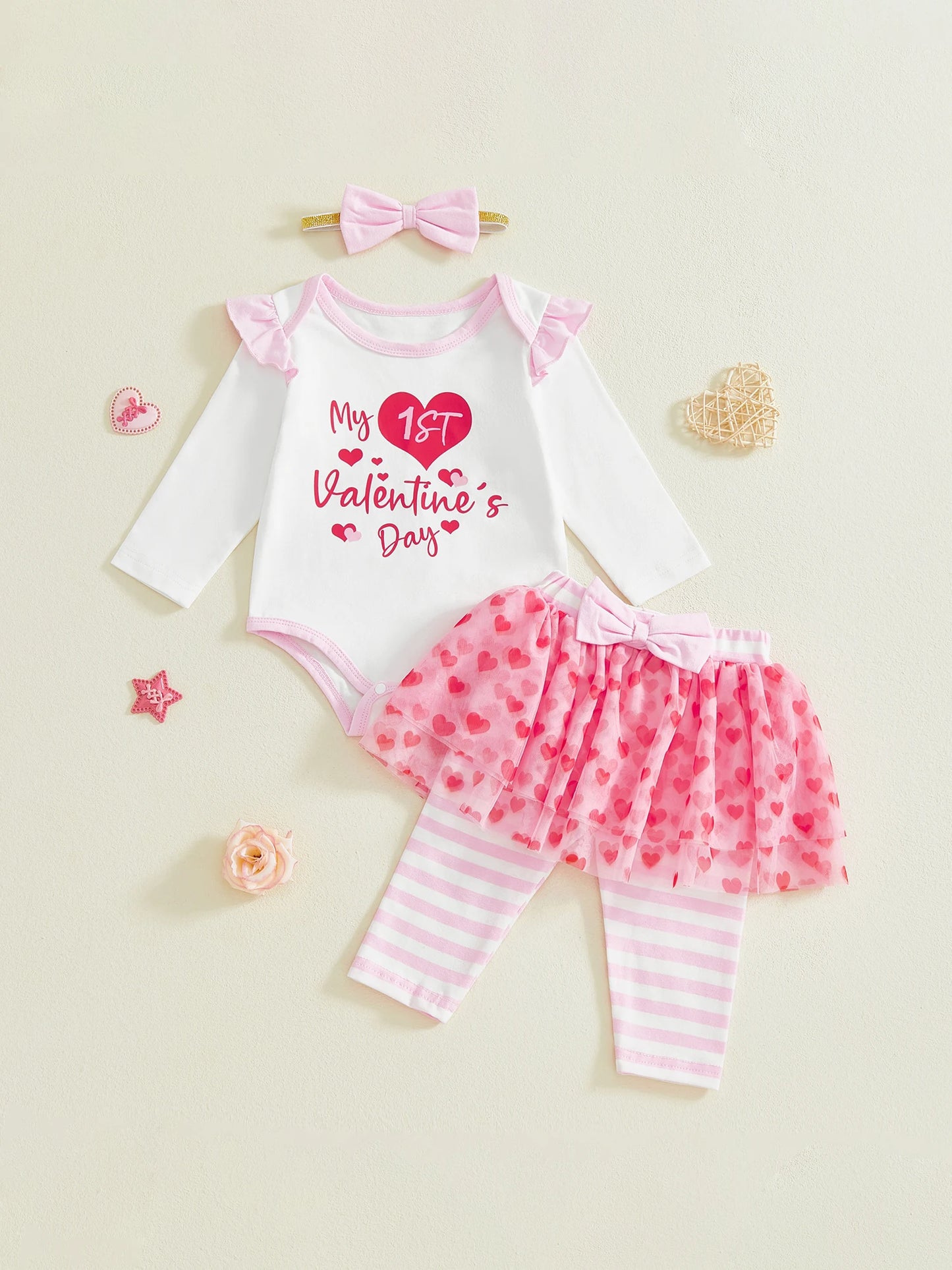 Baby Girl 3Pcs Valentines Day Outfit Heart Ruffle Long Sleeve Romper Striped Skirt Pants and Bow Headband 3 Piece Set