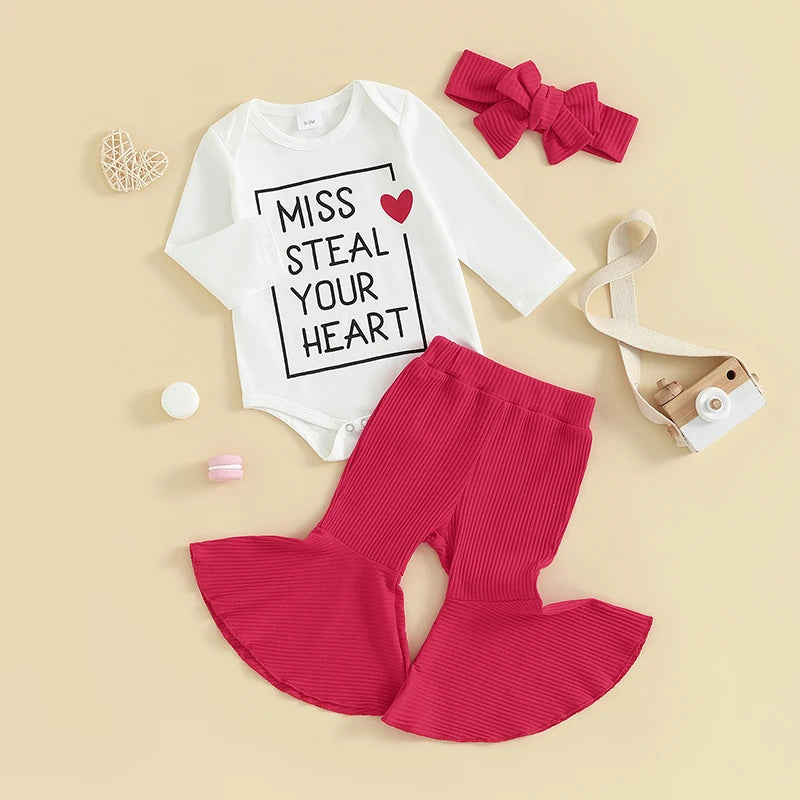 Baby Girl 3Pcs Valentine's Day Outfit Miss Steal Your Heart Letter Print Long Sleeve Romper Bell Bottom Pants with Bow Handband Set