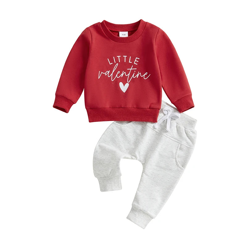 Baby Toddler Girls Boys 2Pcs Little Valentine Valentine's Day Heart Letter Print Long Sleeve Round Neck Top Long Pants Outfit Valentines Jogger Set