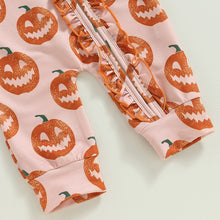 Load image into Gallery viewer, Baby Girl 2 Pcs Halloween Jumpsuit with Headband Pumpkin Print Long Sleeve Front Zipper Romper
