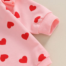 Load image into Gallery viewer, Baby Girl 2Pcs Valentine&#39;s Day Outfits Ruffle Long Sleeve Heart Print Romper + Headband Bow Set
