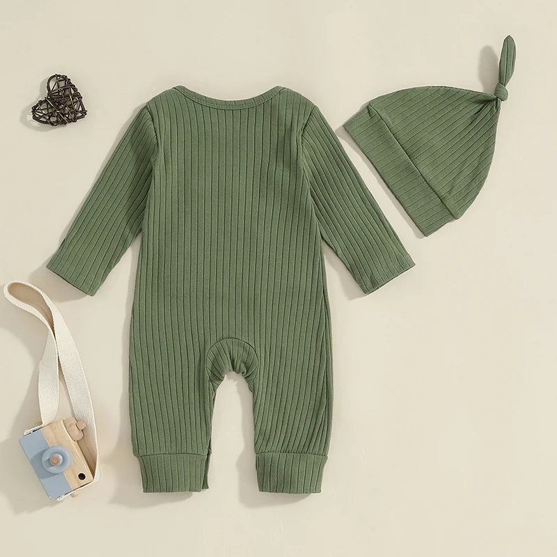 Baby Boy 2Pcs Lil Bro Jumpsuit and Hat Set Long Sleeve Round Neck Letter Print Ribbed Romper with Beanie Outfit