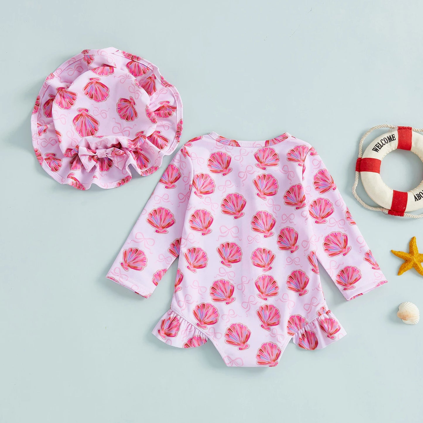 Baby Toddler Girls 2Pcs Swimsuit Set Duck/Shell Print Crew Neck Long Sleeve Zipper Rash Guard Swimwear and Sun Hat