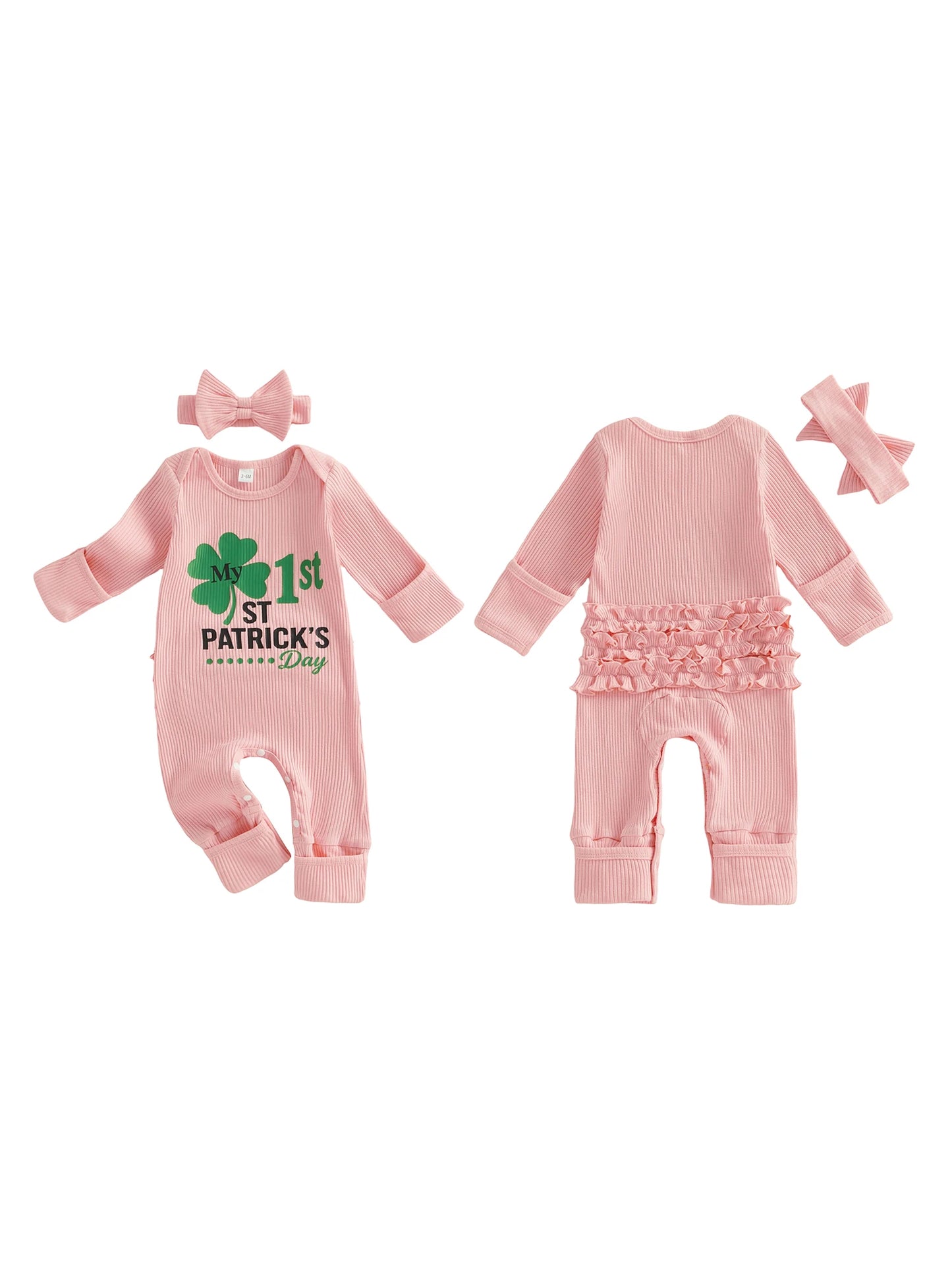Baby Girls 2Pcs My 1st St. Patrick's Day Irish Romper Clover Letter Print Long Sleeve Round Neck Ribbed Jumpsuit with Bow Headband Set