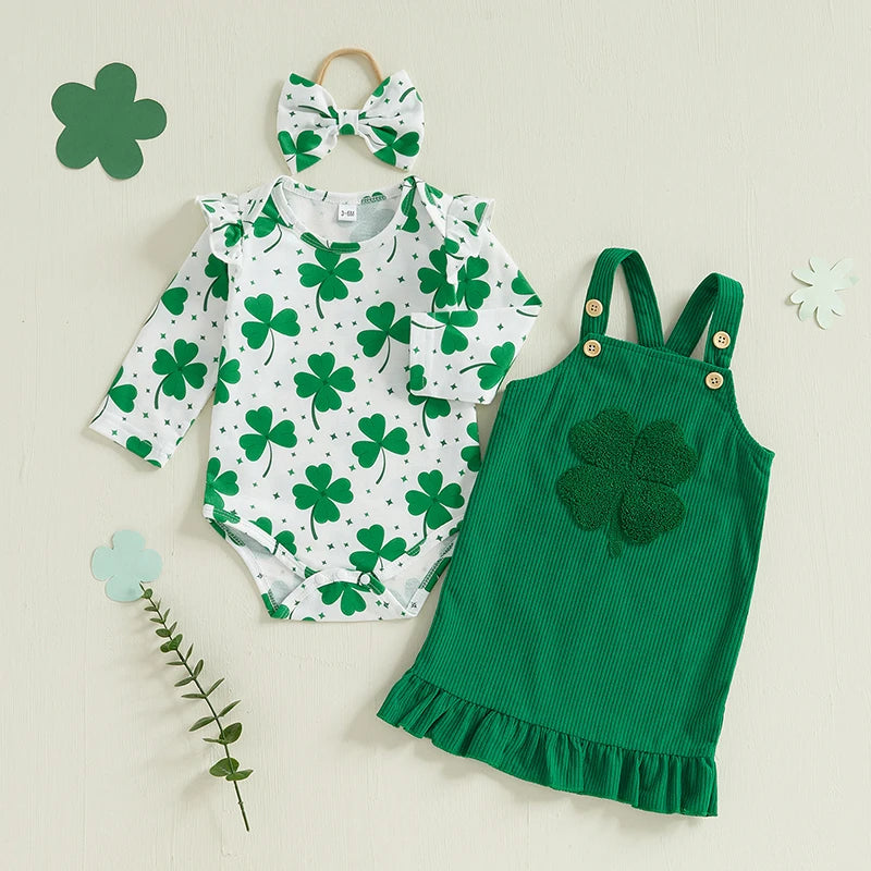 Baby Girls 3Pcs Winter Spring Outfit Valentines Heart/ Four Leaf Clover Print Ruffle Long Sleeve Romper Corduroy Overall Dress Bow Headband Valentine's Day / St. Patrick's Day Set