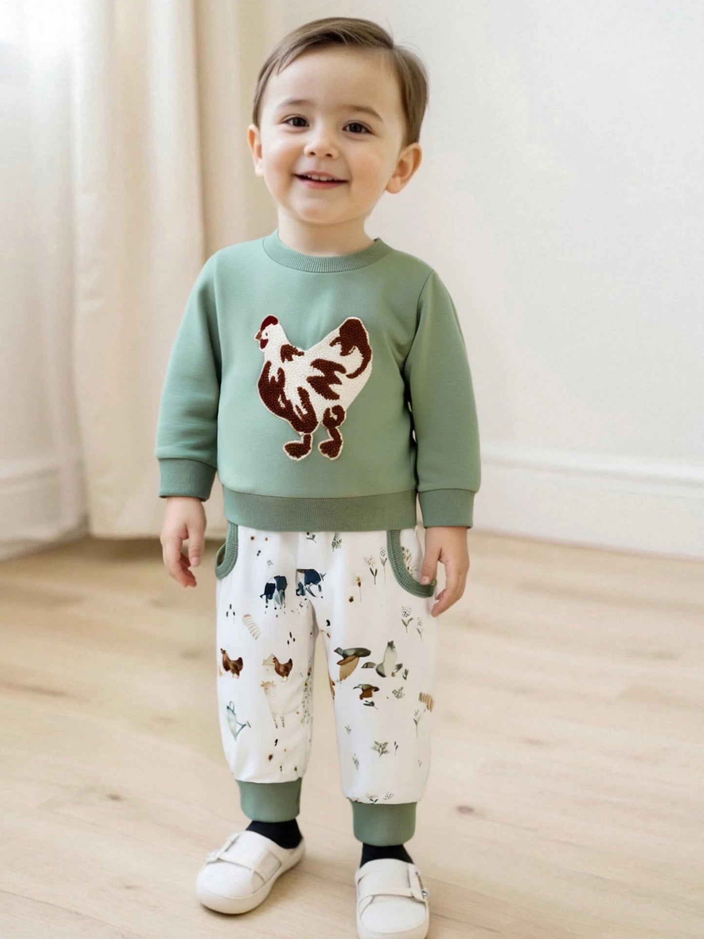Baby Toddler Boys 2Pcs Fall Set Fashionable Long Sleeve Chicken/Duck Embroidery Pullover Top with Print Jogger Pants 2 Pcs Outfits