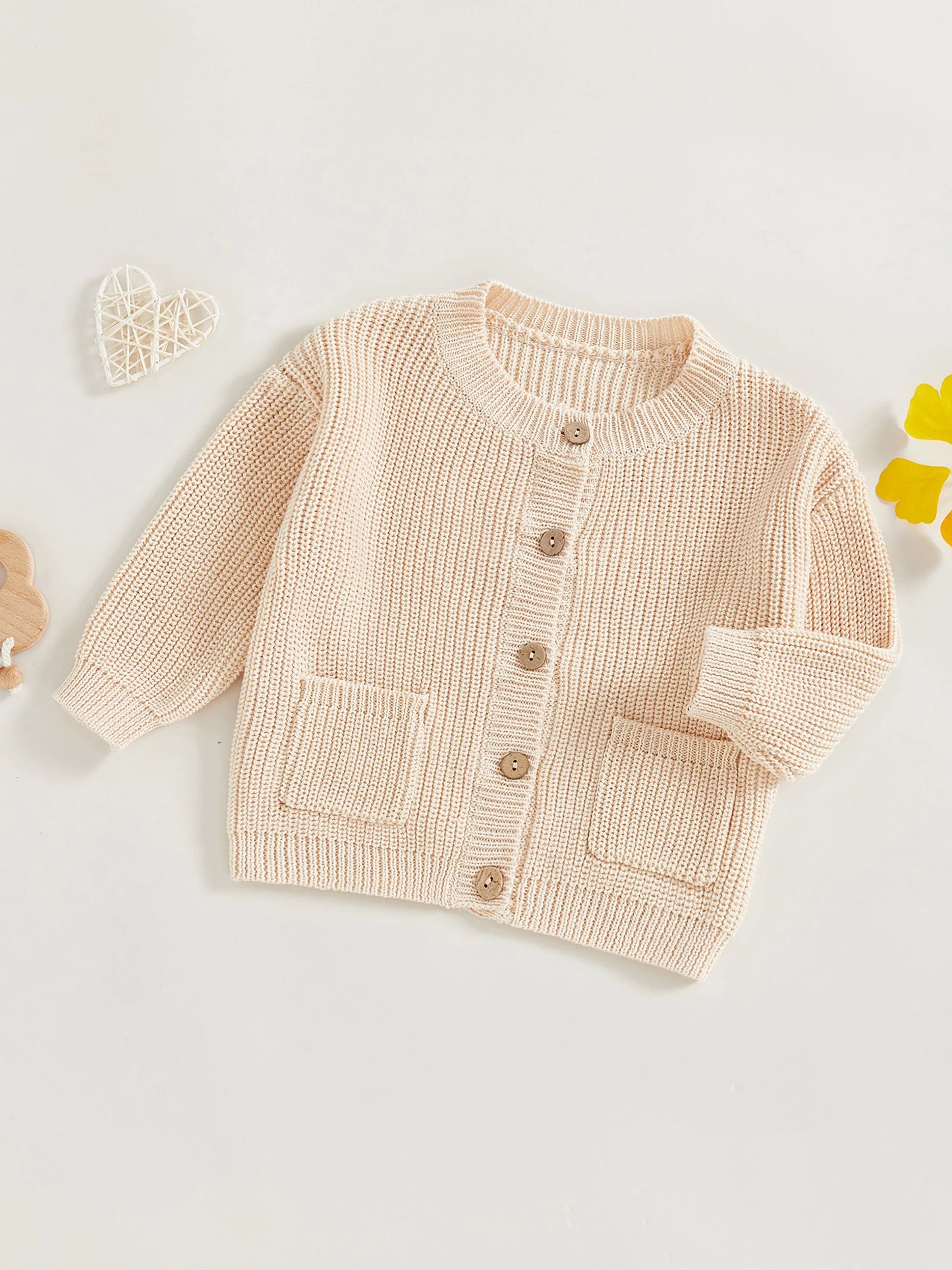 Baby Toddler Girls Boys Knit Cardigan Solid Long Sleeve Crew Neck Button-up Sweater with Pockets Casual Fall Clothes Top