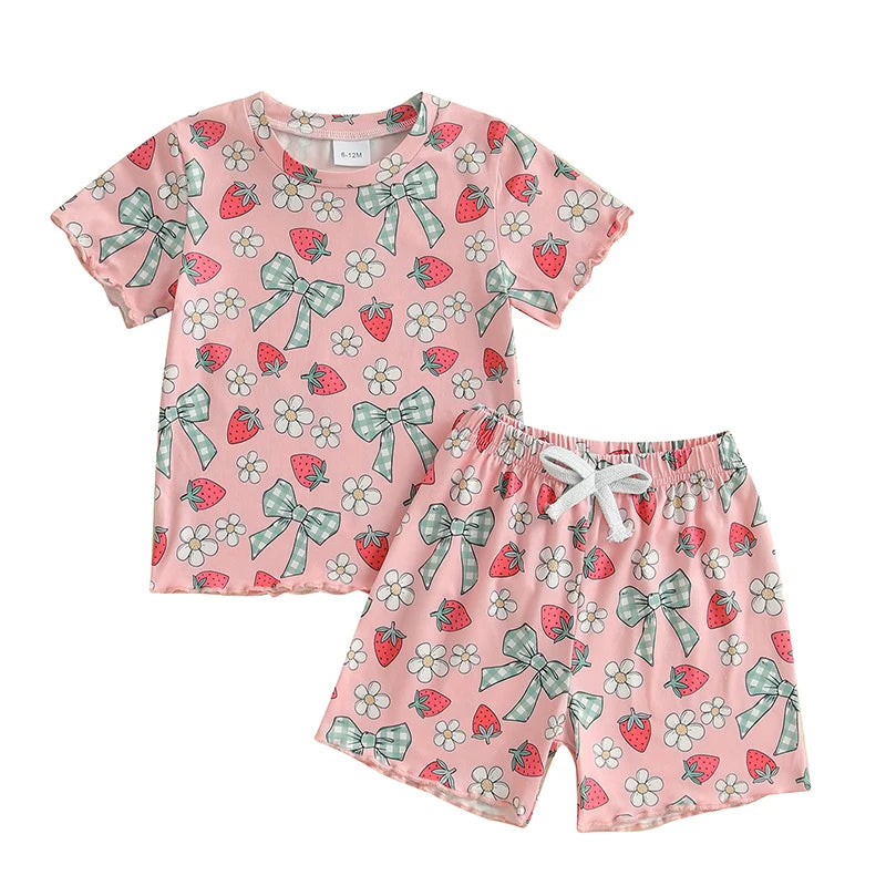 Baby Toddler Girls 2Pcs Summer Spring Outfit Short Sleeve Bow Strawberry Flower Floral Print Top + Shorts Set Clothes