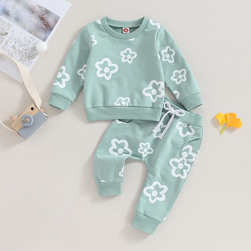 Baby Toddler Girls 2Pcs Outfit Flower Print Long Sleeve Crew Neck Top Elastic Waist Pants Fall Clothes Set