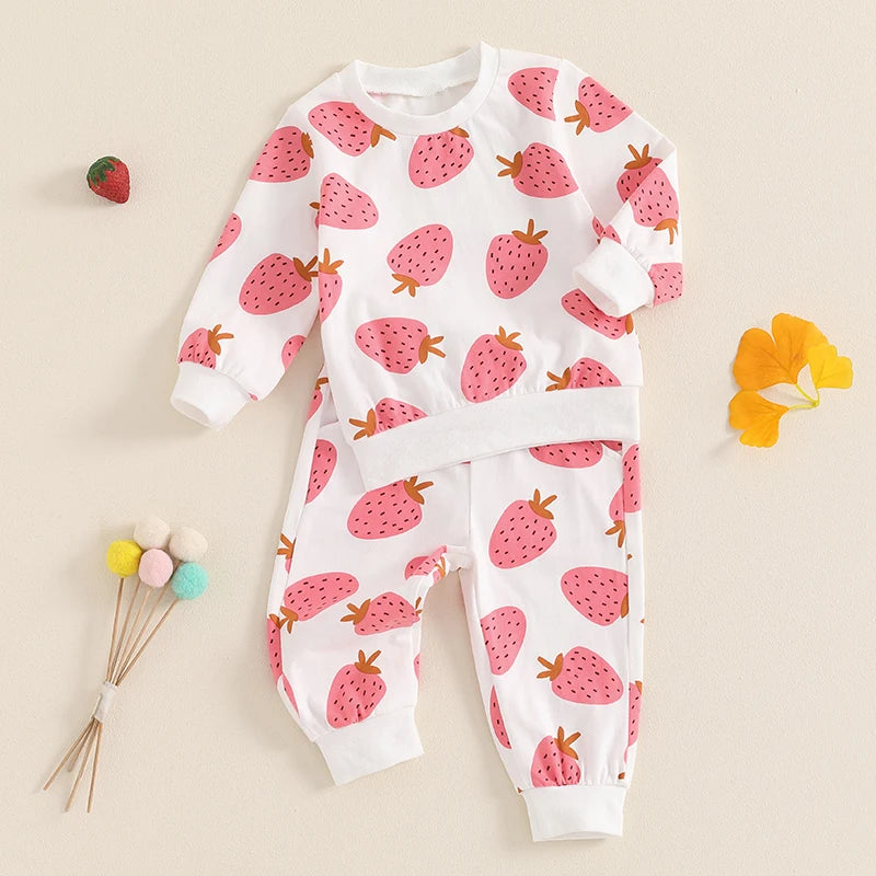 Baby Toddler Girls 2Pcs Fall Outfit Strawberry Print Long Sleeve Top and Elastic Pants Set