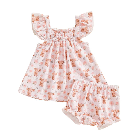 Baby Toddler Girl 2pcs Summer Outfits Highland Cow Floral Print Ruffled Sleeve Top with Matching Shorts 2 Piece Set