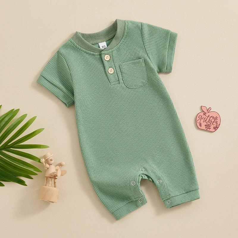 Baby Boy Girl Jumpsuit Summer Short Sleeve Solid Color Waffle Button Romper Playsuit