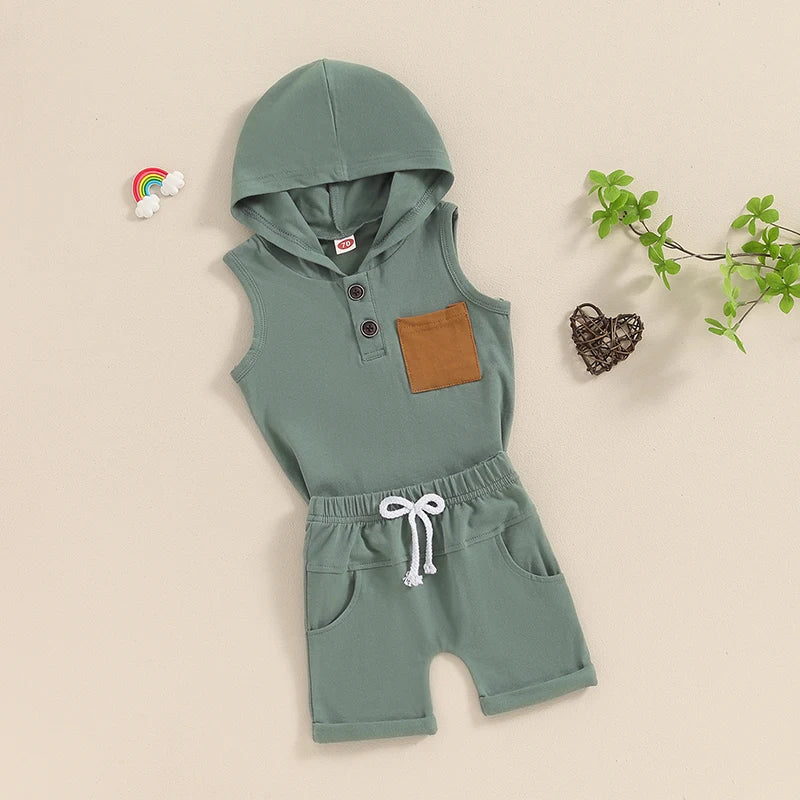 Baby Toddler Boys 2Pcs Summer Outfit Sleeveless Hooded Tank Top with Pocket Elastic Waist Shorts Set