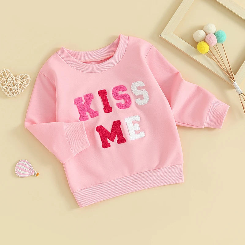 Baby Toddler Girl Valentine's Day Long Sleeve Letter Sweet / Be Mine / Kiss Me Heart Embroidery Crewneck Top