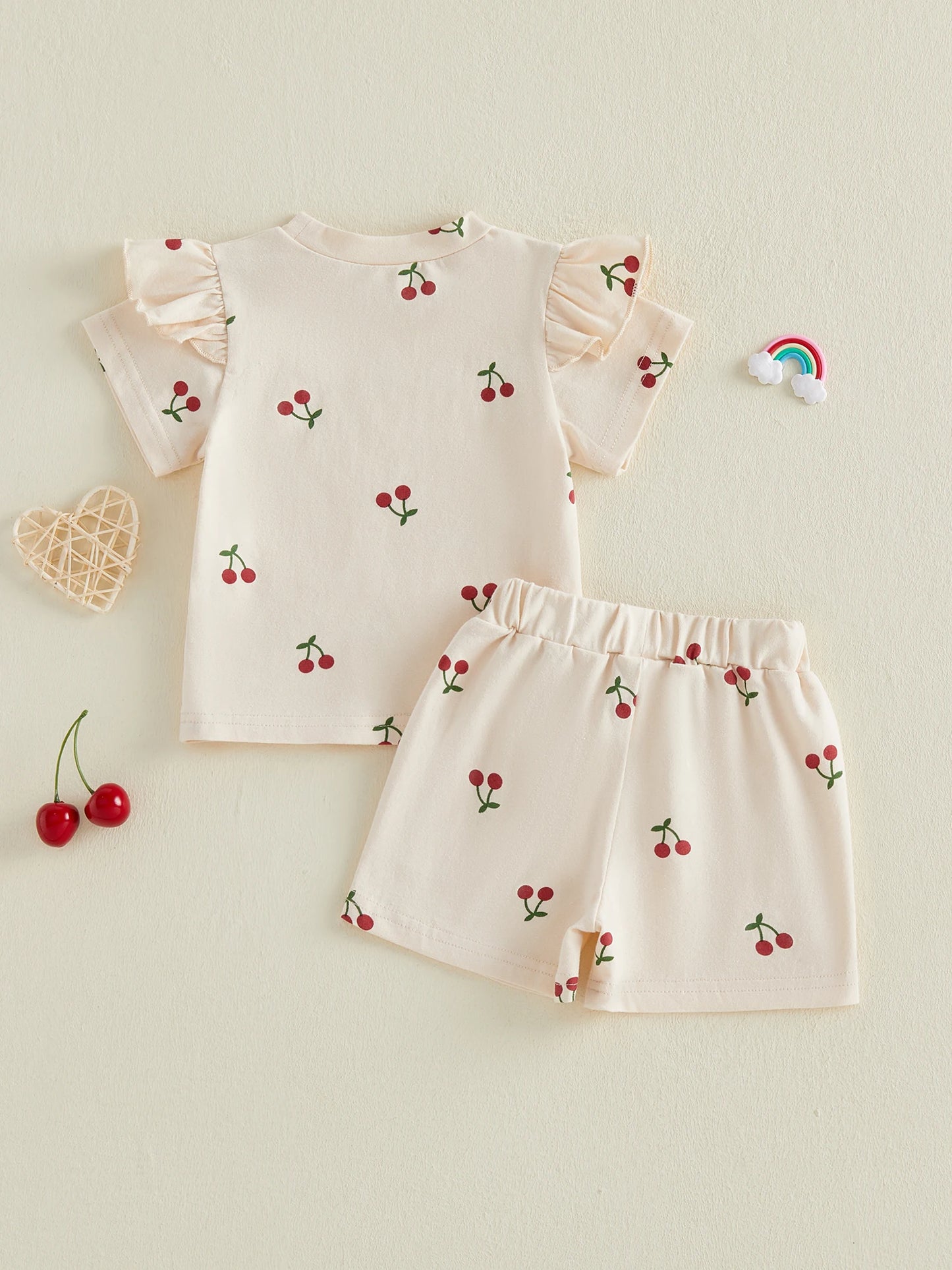 Baby Toddler Girls 2Pcs Summer Outfit Cherry Print Crew Neck Short Sleeve Top Elastic Waist Shorts Clothes Set