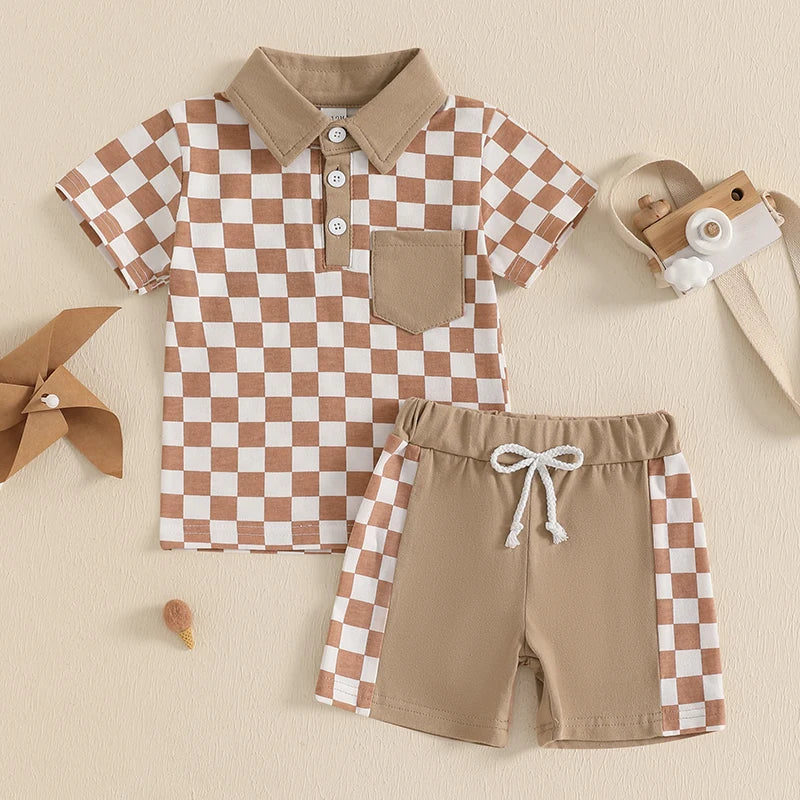 Baby Toddler Boys 2Pcs Set Short Sleeve Lapel Collar Checkered Print Top and Drawstring Shorts Outfit