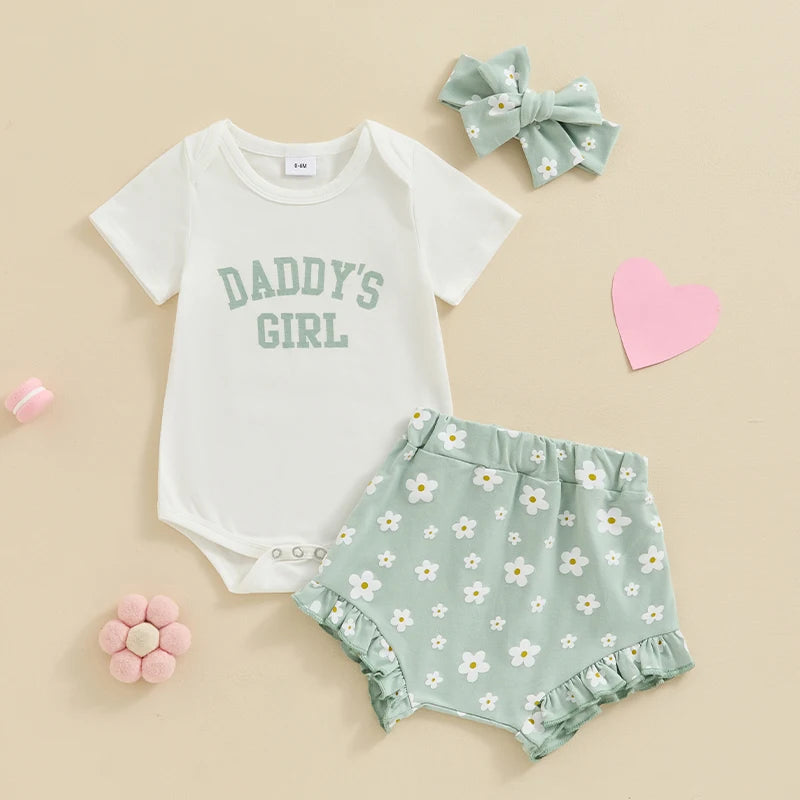 Baby Girl 3Pcs Daddy’s Girl Short Sleeve Romper Flower Ruffle Shorts Headband Outfit Set