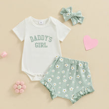 Load image into Gallery viewer, Baby Girl 3Pcs Daddy’s Girl Short Sleeve Romper Flower Ruffle Shorts Headband Outfit Set
