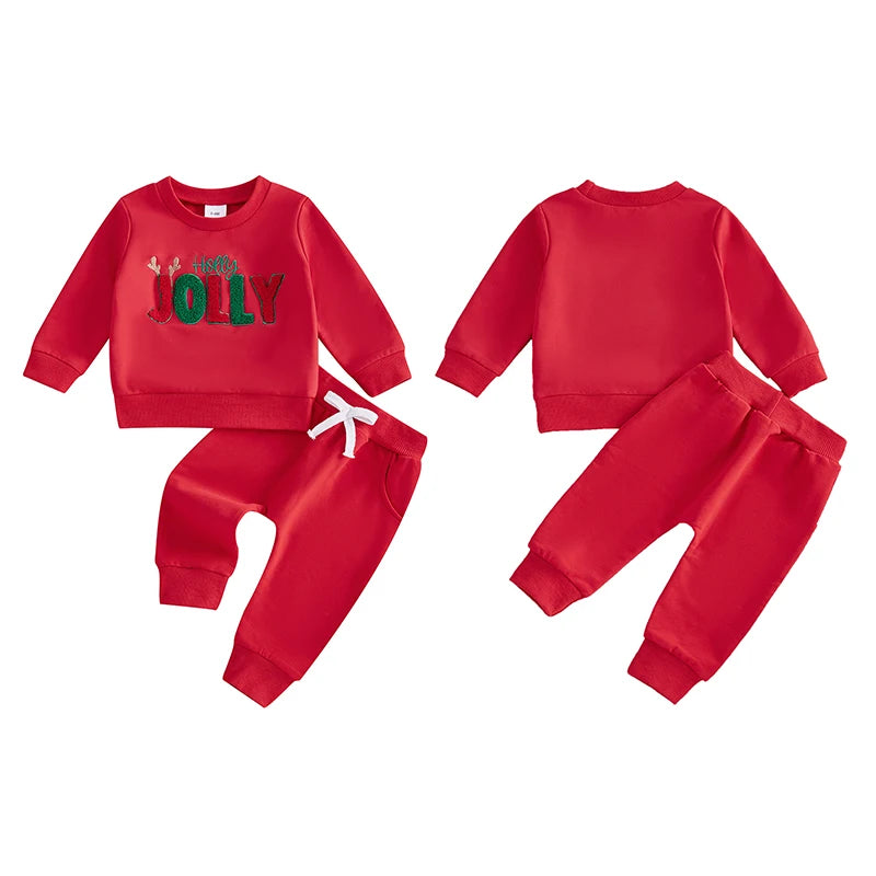 Baby Toddler Girls Boys 2Pcs Holly Jolly Christmas Outfit Letter Embroidery Long Sleeve Top with Solid Long Pants Jogger Set