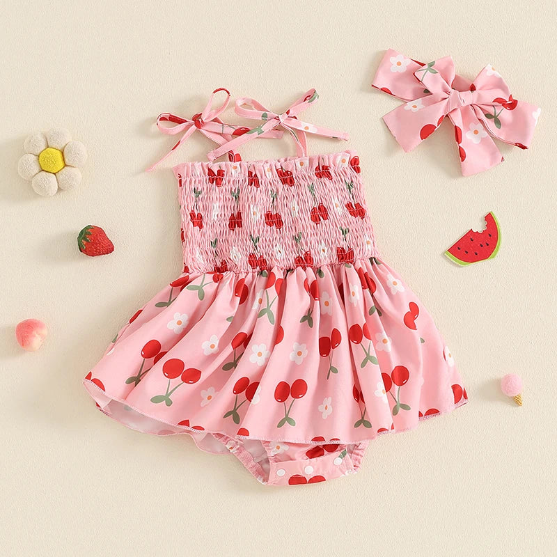 Baby Girl 2Pcs Summer Outfit Sleeveless Tie Strap Cherry Print Romper Skirt Dress with Headband Set