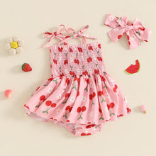 Load image into Gallery viewer, Baby Girl 2Pcs Summer Outfit Sleeveless Tie Strap Cherry Print Romper Skirt Dress with Headband Set
