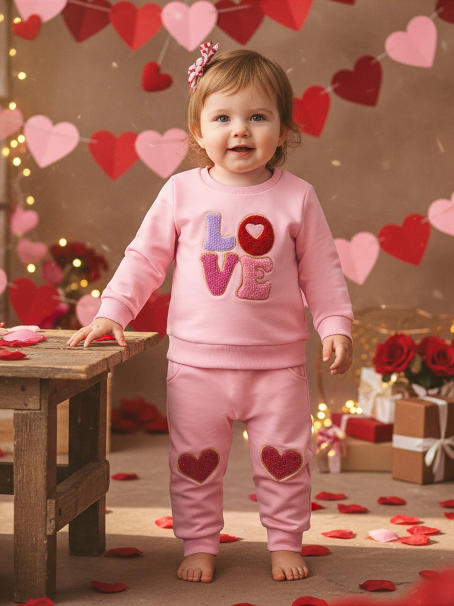Baby Toddler Girls 2Pcs Valentine's Outfit LOVE Letter Embroidered Long Sleeve Top and Heart Embroidered Pants Jogger Set