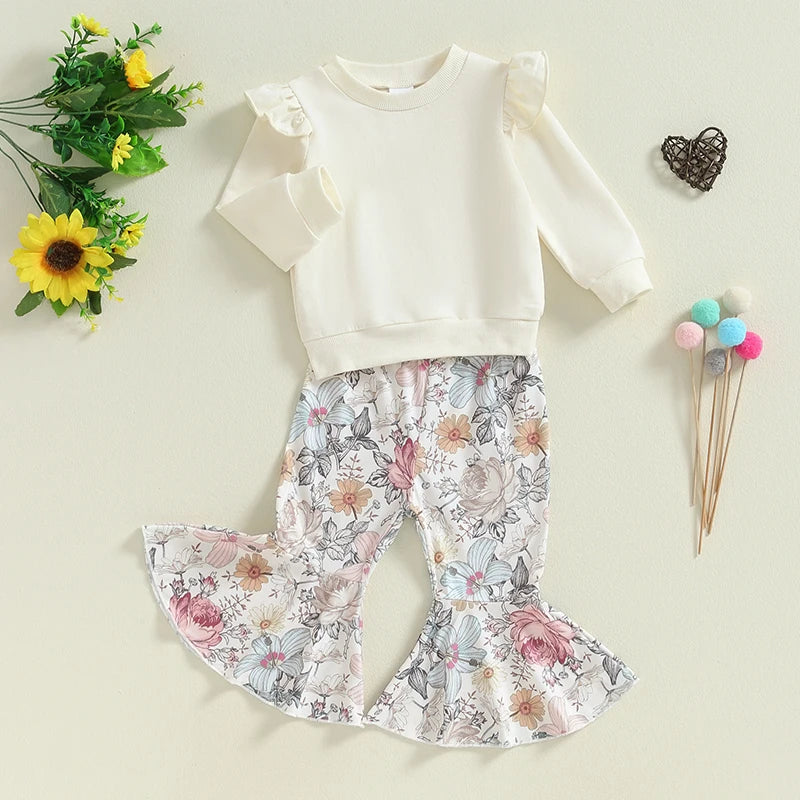 Baby Toddler Girls 2Pcs Outfit Fly Long Sleeve Round Neck Top Floral Flower / Butterfly / Strawberry Print Flared Pants Set