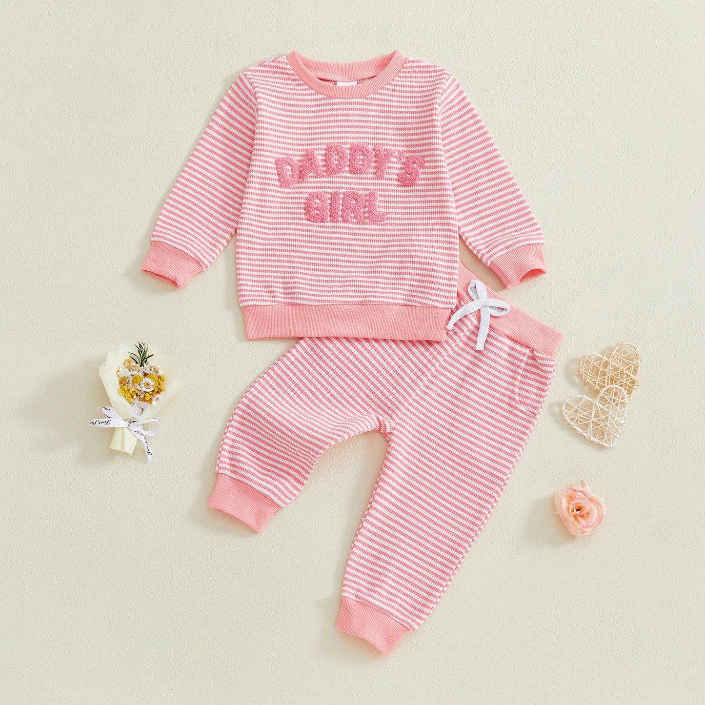 Baby Toddler Girl 2Pcs Daddy's Girl Fall Stripe Outfits Letter Embroidery Long Sleeve Round Neck Pullover Elastic Waist Pants 2Pcs Set