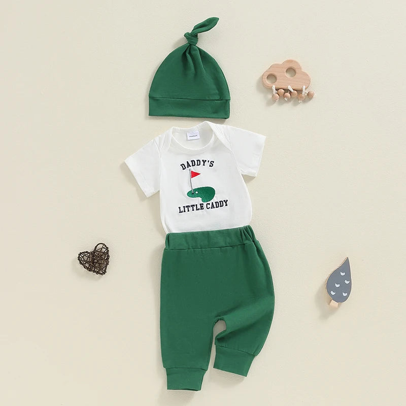 Baby Boys 3Pcs Daddy's Little Caddy / New To The Club Golf Outfit Short Sleeve Embroidery Romper + Pants + Hat Set