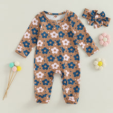 Load image into Gallery viewer, Baby Girl 2Pcs Fall Romper Outfits Long Sleeve Floral Print Zip Up Jumpsuit Headband Boy Set
