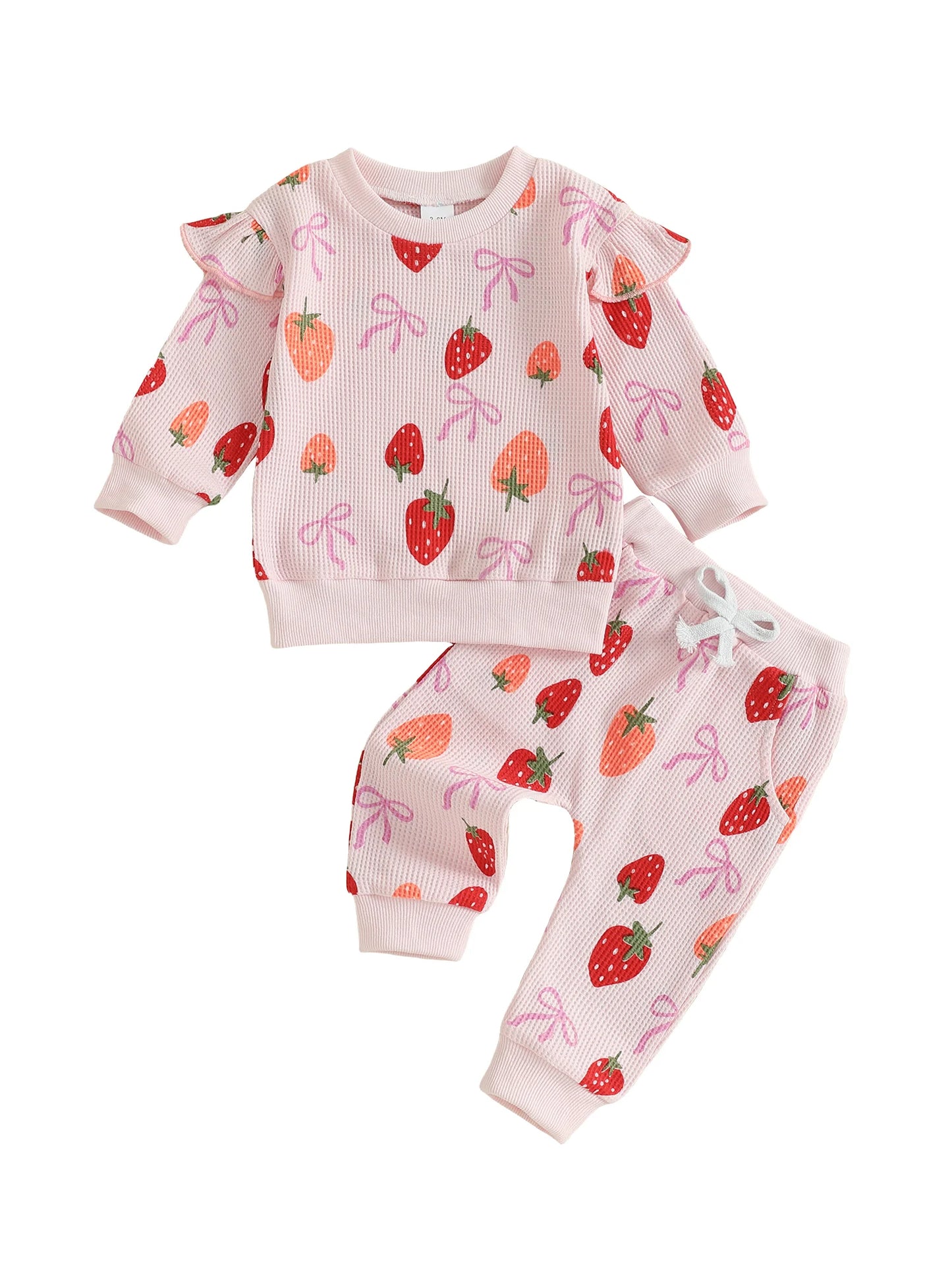 Baby Toddler Girls 2Pcs Fall Set Fashionable Strawberry Print Long Sleeve Pullover Top Bow Jogger Pants Outfit